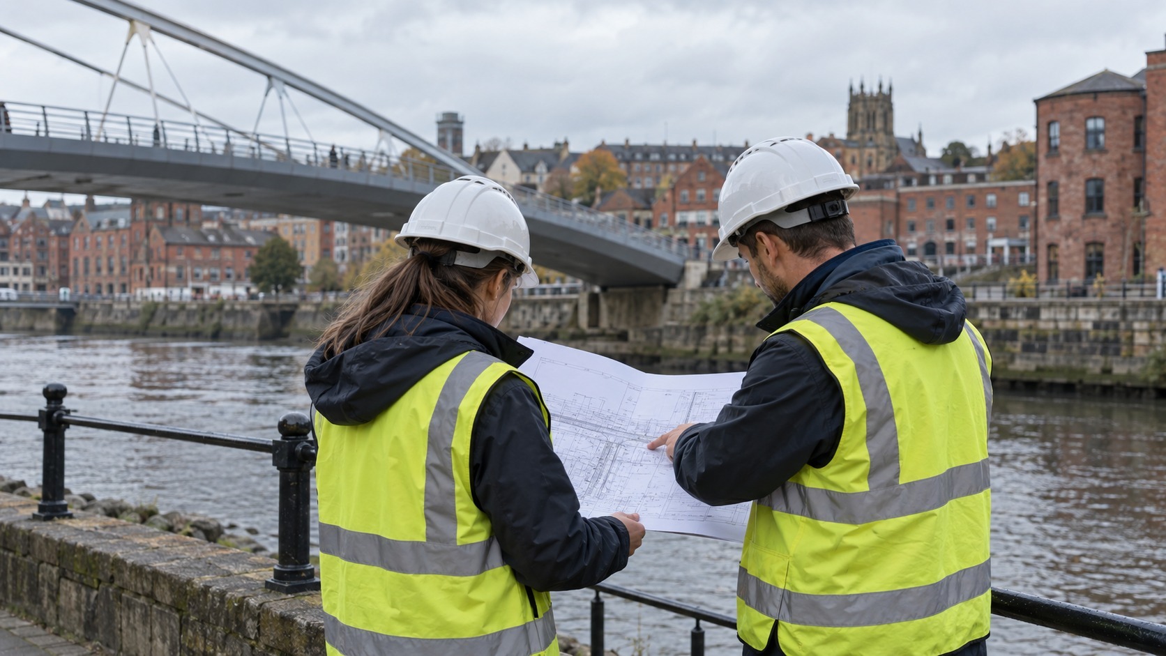 Engineering professionals in high-visibility clothing on site